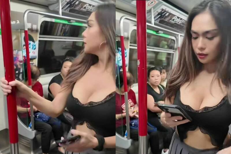 近期香港社群平台一段影片，一名身材火辣的长发女子，穿著清凉小可爱与超短的迷你裙搭乘地铁。（图撷取自「Jahziel Manabat」脸书粉专，本报合成）
